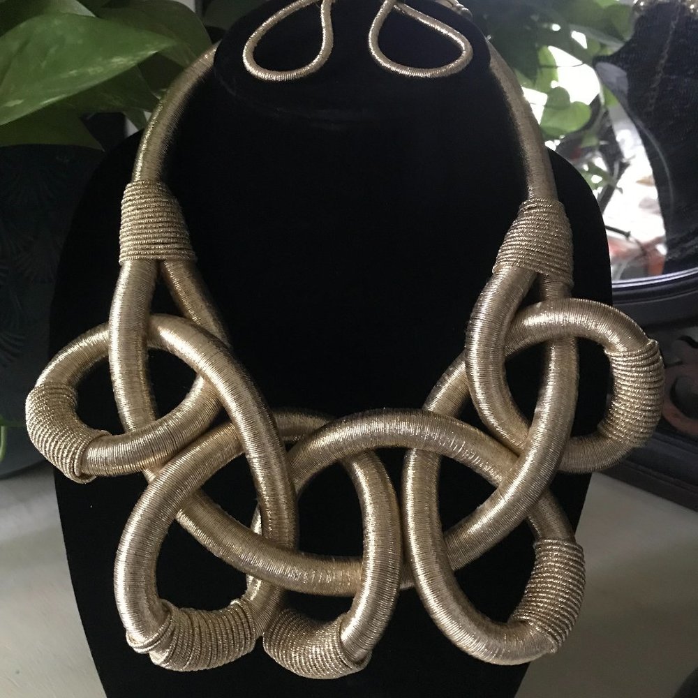 Gold-tone Wrapped Statement Necklace and Earring Set